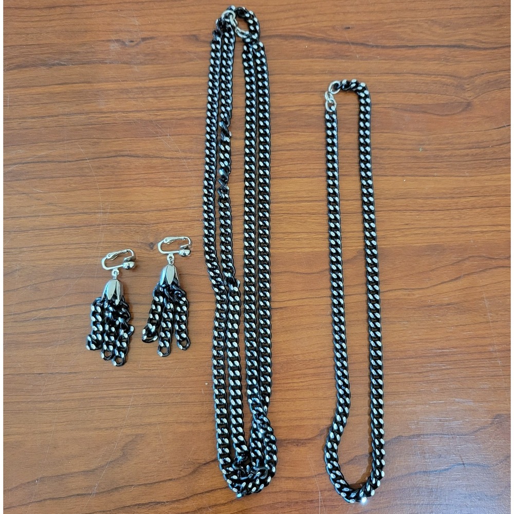 Sarah Coventry Bewitching Black Silver Necklace Bracelet Clip On Earrings